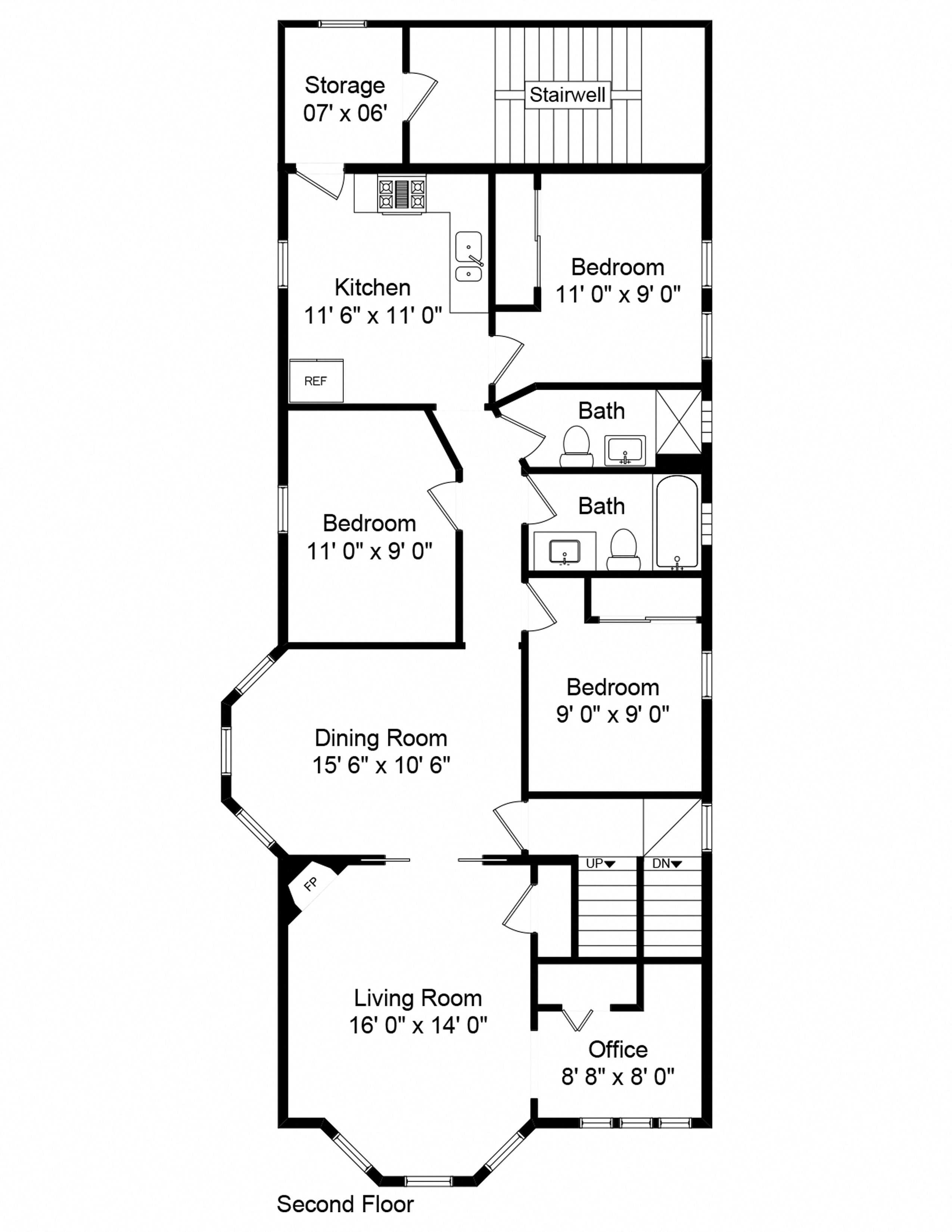 Floor plan for 3 beds, 2 baths, 1000 sqft